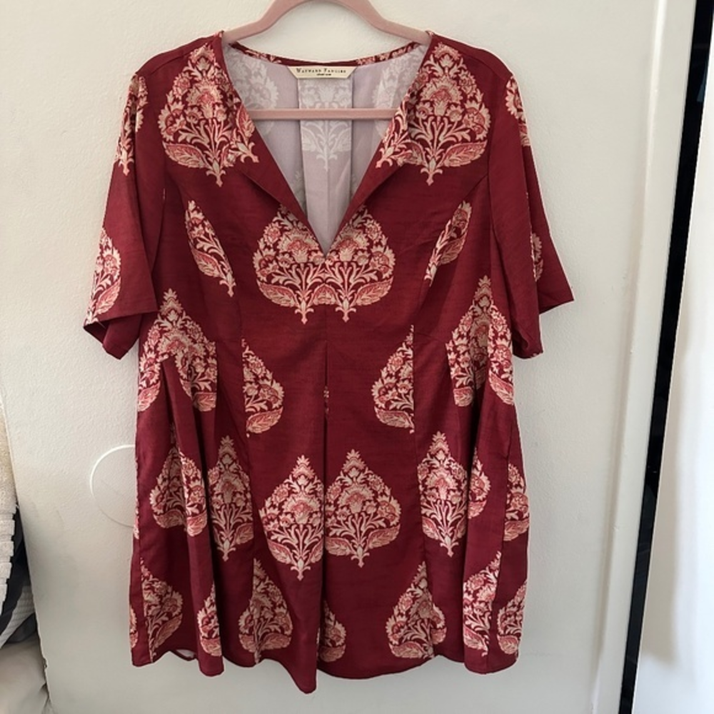 Wayward Fancies eShakti Plus 1X Red Graphic Boho Short Sleeve Tunic Blouse Pleat